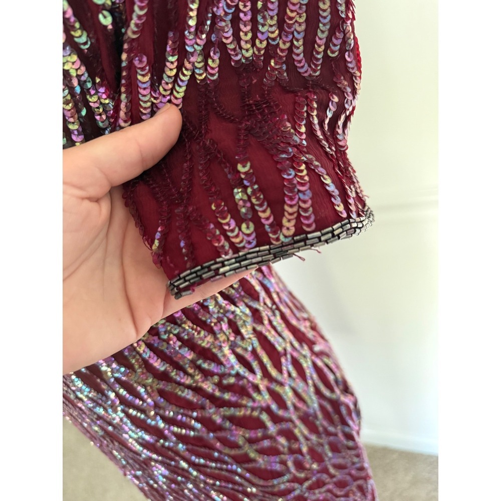 Vintage Laurence Kazar silk Sequin Dress Party Special Occasion Burgundy Size M - Picture 5 of 8